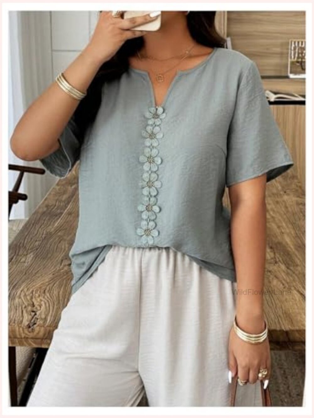 Plus Size Embroidered Blouse Short Sleeve Notch Neck Tunic Top - Picture 3 of 5